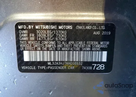 2019 Mitsubishi Mirage Es из США, поврежденный, VIN ML32A3HJ7KH016532